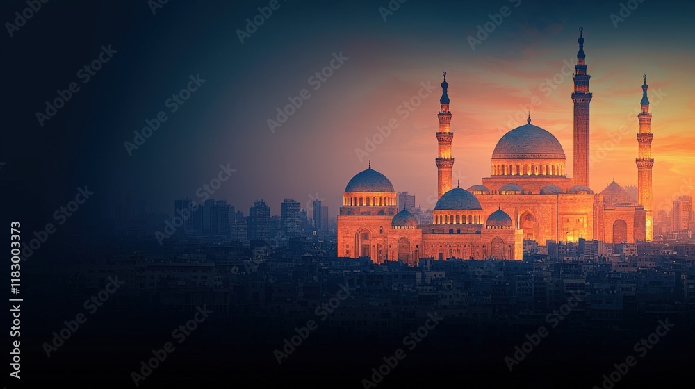 Fototapeta premium Monument cultural and iconic, A stunning silhouette of a grand mosque at sunset, featuring elegant minarets and domes against a colorful sky.