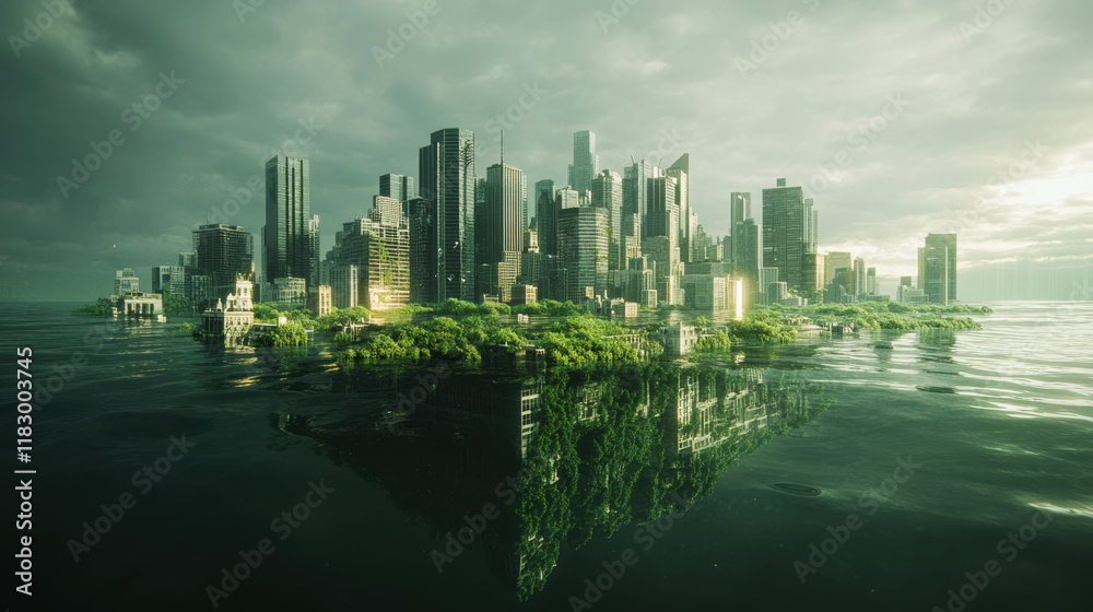 Obraz premium A submerged city skyline glowing under dramatic storm clouds, lush greenery reclaiming the ruins, water reflecting the hues of emerald and gold