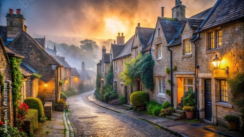Fog-shrouded stone houses huddle along a misty alley, creating a panoramic, atmospheric village scene.