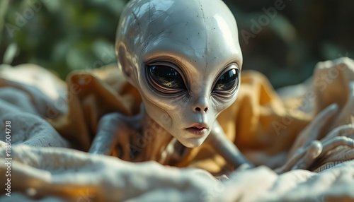 Grey Alien Baby Figurine Soft Fabric Background Closeup photo