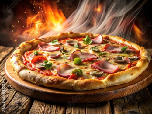 Ham, mozzarella, and mushroom pizza: long exposure reveals its fast-food deliciousness in a breathtaking, blurry masterpiece. photo