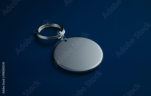 A chrome keyring with a blank circular tag rests on a dark blue background. The metal is polished, reflective, and shows a high quality finish. Ideal for mockup. photo