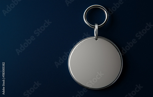 A chrome keyring with a blank circular tag rests on a dark blue background. The metal is polished, reflective, and shows a high quality finish. Ideal for mockup. photo