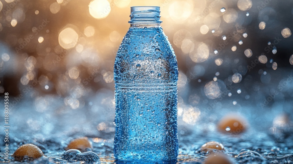 A close-up of a water bottle surrounded by droplets, emphasizing hydration and freshness. A close-up of a water bottle surrounded by droplets, emphasizing hydration and freshness.