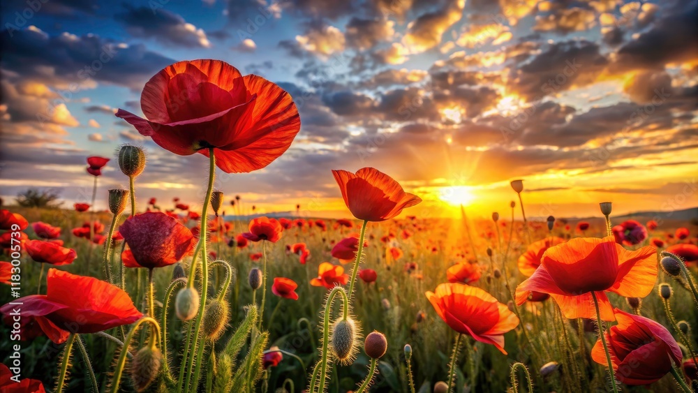 Fototapeta premium High-DOF photography captures a vibrant field of red poppies ablaze at sunset, a stunning golden hour scene.