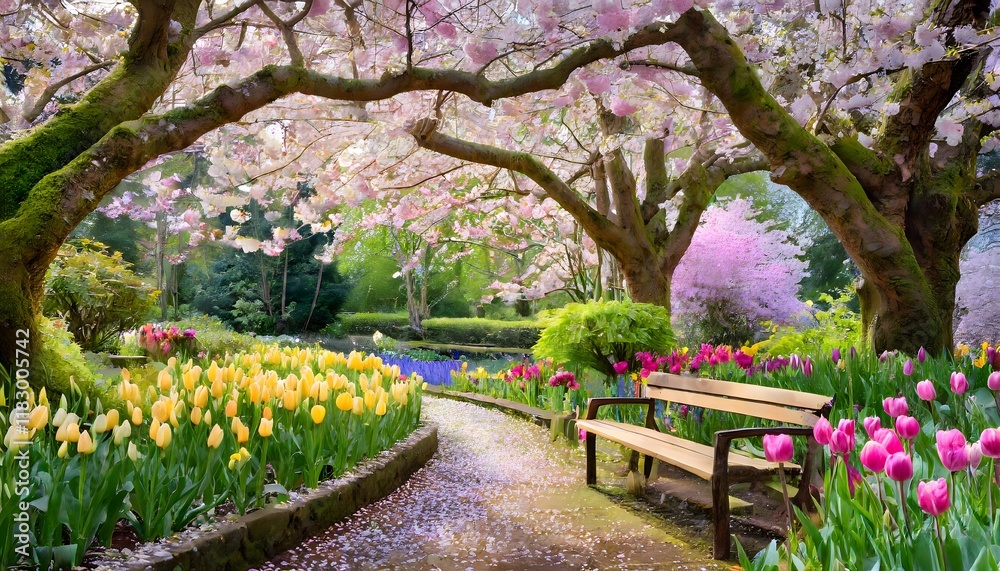 Obraz premium Fallen cherry blossoms carpet a path lined with colorful tulips, beneath a canopy of blooming trees.