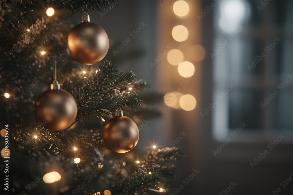 Fototapeta premium Elegant Christmas Tree Ornaments with Golden Baubles and Soft Bokeh Background Capturing the Festive Spirit of the Holiday Season in a Cozy Atmosphere