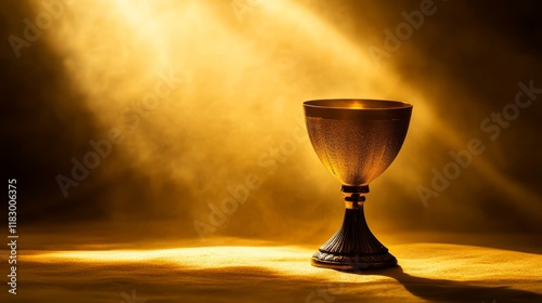 Elegant golden chalice illuminated by soft light and mist creating a serene atmosphere of spirituality, celebration, and sophistication in a dramatic setting photo