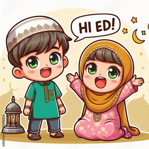 Muslim cartoon little girl and boy saying happy eid