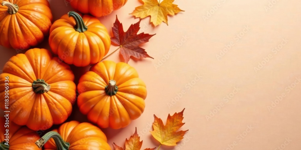 Autumnal Still Life Featuring a Collection of Pumpkins and Colorful Maple Leaves on a Peach Background Autumnal Still Life Featuring a Collection of Pumpkins and Colorful Maple Leaves on a Peach Background