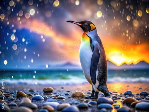 King penguin reigns; surreal rain drenches pebbled beach. Psychedelic avian seascape. photo