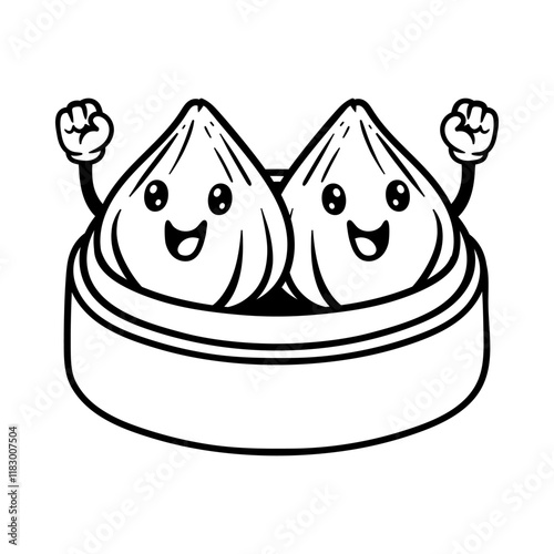 fun twin dim sum dumpling cartoon character isolated drawing line art style sketch classic vintage design illustration