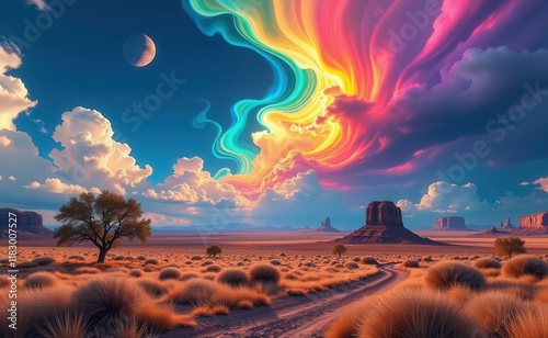 A surreal landscape with towering, otherworldly mountains and a winding river, bathed in the warm glow of a dramatic sunset.