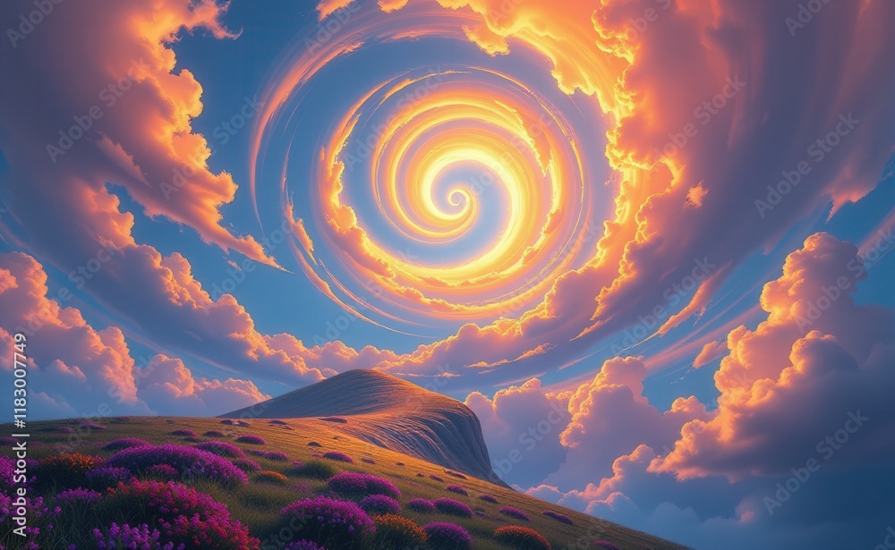 A surreal landscape with towering, otherworldly mountains and a winding river, bathed in the warm glow of a dramatic sunset.