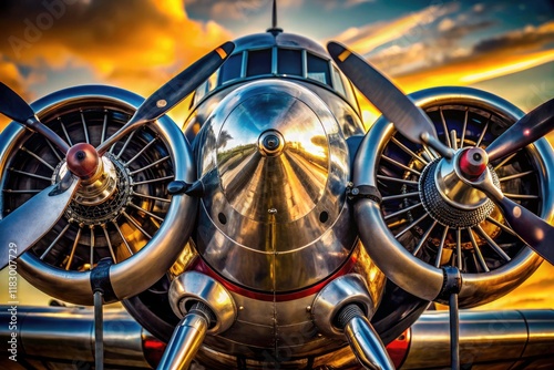 Macro lens captures stunning detail: twin-engine piston aircraft components, propeller blades, and airframe surfaces.