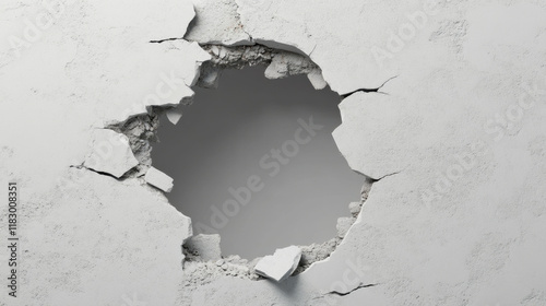large hole breaking through multiple layers of cracked walls, revealing hidden space behind. texture and detail of wall create intriguing visual effect