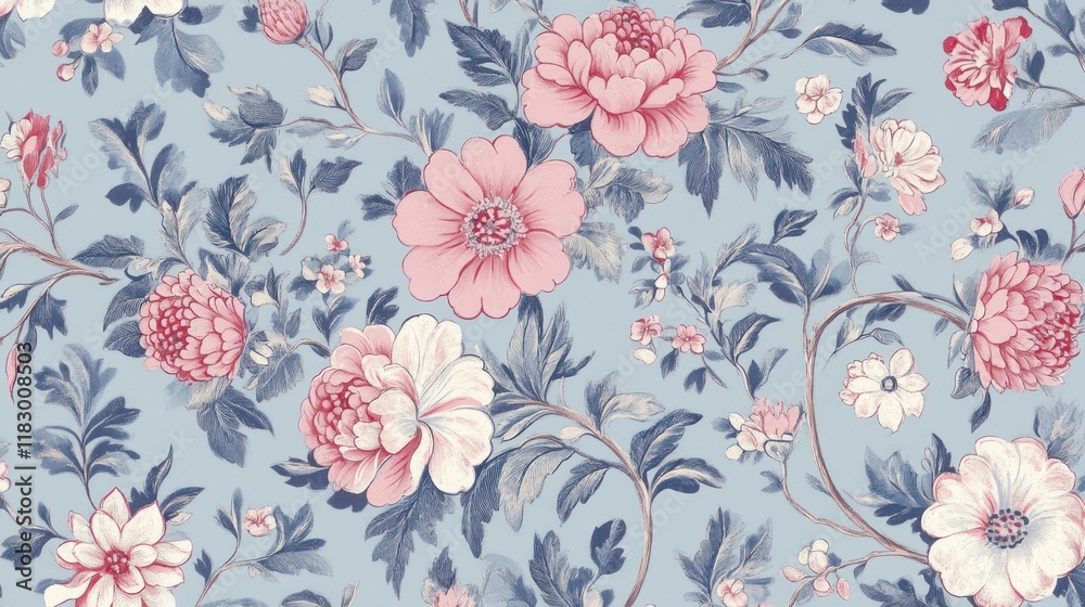 Floral pattern, light blue background, intricate design, possible use for fabric or wallpaper Floral pattern, light blue background, intricate design, possible use for fabric or wallpaper