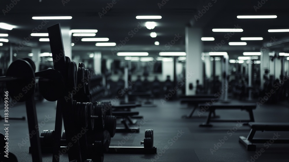 Fototapeta premium Empty modern gym interior with weights and exercise equipment, showcasing a sleek environment ideal for fitness enthusiasts and personal training sessions.