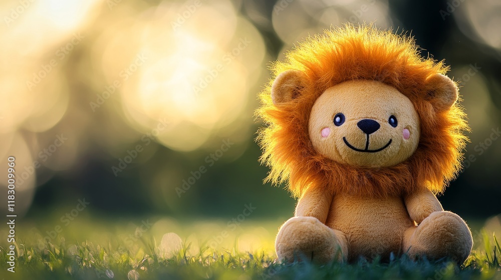 Adorable plush lion toy with cheerful expression sitting on vibrant green grass in a sunny outdoor setting with a bokeh background effect creating a whimsical atmosphere for kids Adorable plush lion toy with cheerful expression sitting on vibrant green grass in a sunny outdoor setting with a bokeh background effect creating a whimsical atmosphere for kids