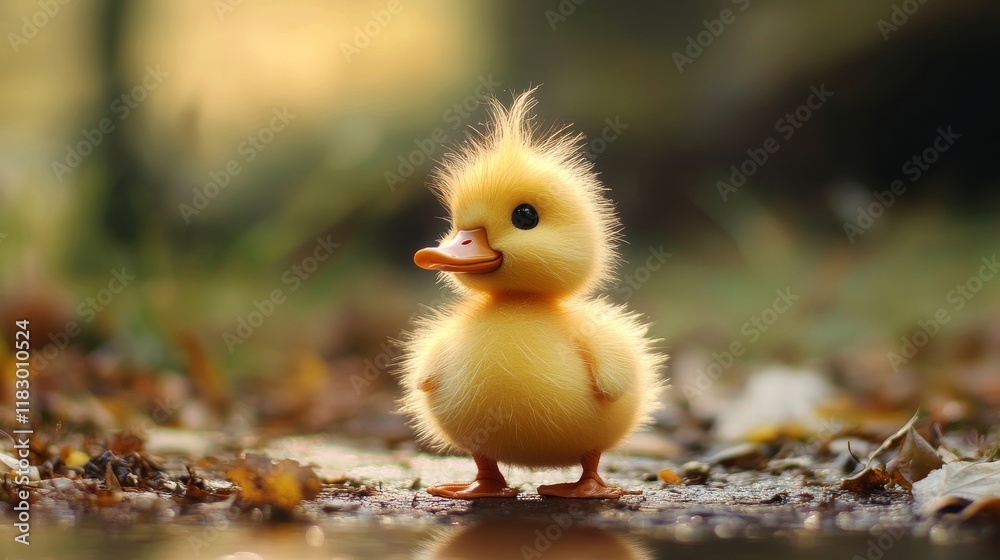 Adorable Baby Duckling Standing on Wet Ground Surrounded by Colorful Leaves in a Soft Natural Environment Evoking Warmth and Joy