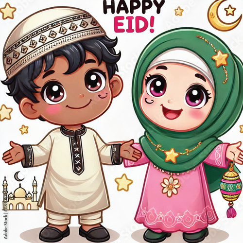 Muslim cartoon little girl and boy saying happy eid