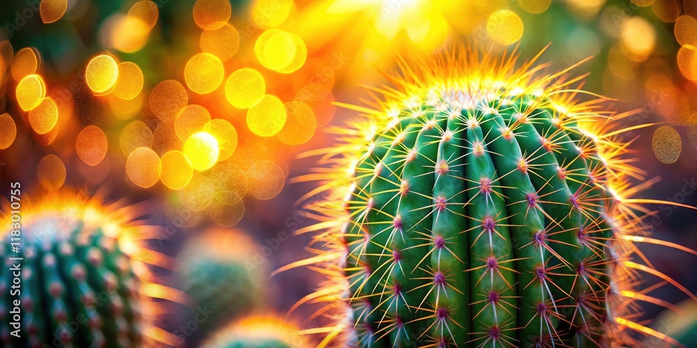 Obraz premium Stunning Macro Shot of a Cactus with Bokeh Effect, Capturing the Intricate Details of Nature, Perfect for Botanical Art, Home Decor, and Nature Lovers' Photography Collections