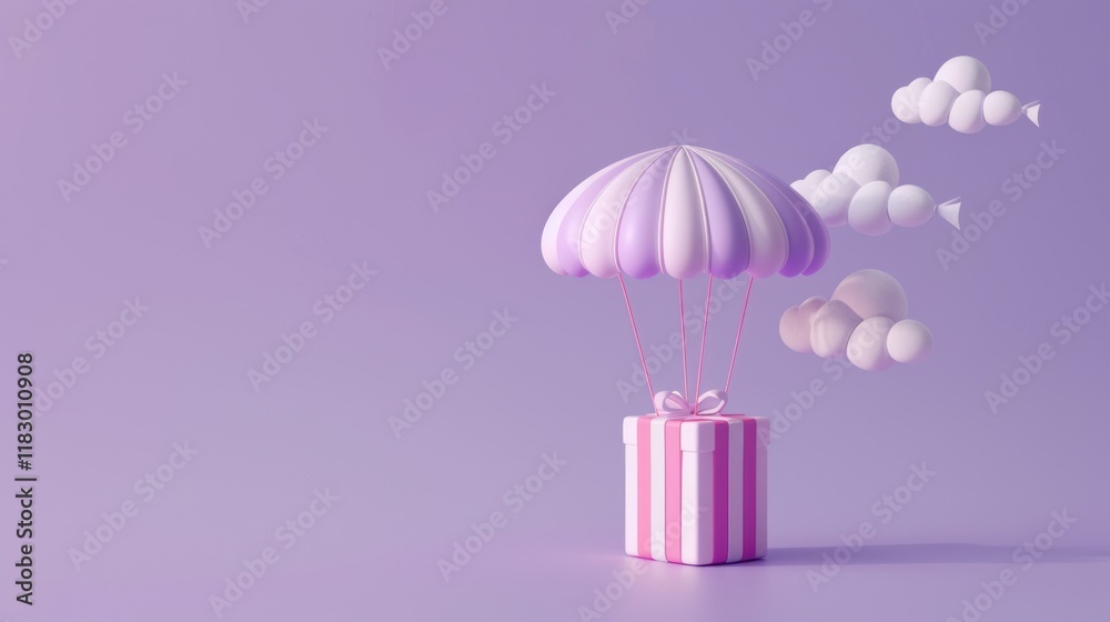 Gift Box with Parachute and Clouds