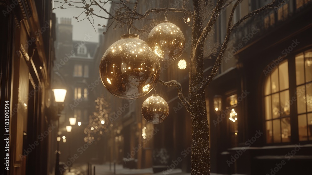 Obraz premium Enchanted Winter Street with Glimmering Christmas Ornaments, Soft Snowfall, and Warmly Lit Lanterns Enhancing the Festive Atmosphere of a Cozy Neighborhood