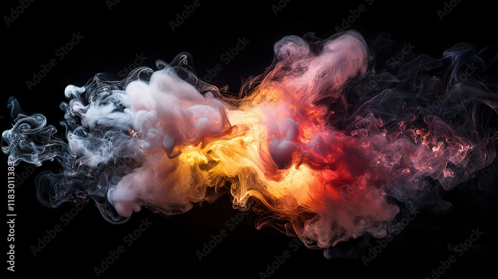 Fototapeta premium Colorful smoke swirling in vibrant hues of yellow, orange, and white, creating mesmerizing visual effect against dark background