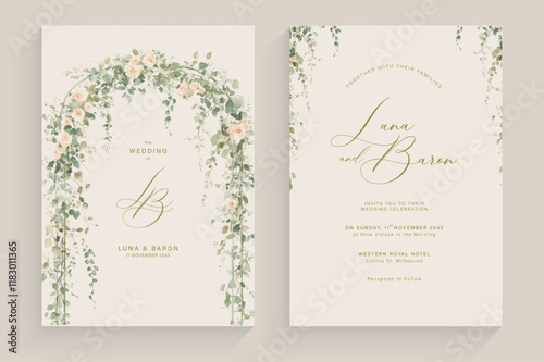 Aesthetic Wedding Invitation with Watercolor Greenery Leaves and branch