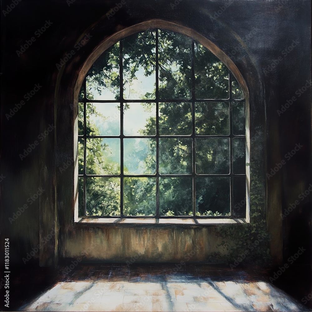 Sunlit Arch Window: A Serene Landscape View Sunlit Arch Window: A Serene Landscape View