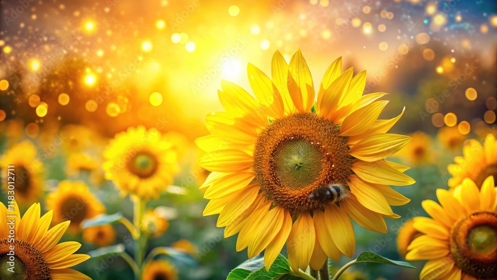 Obraz premium Sunflower Field with Bokeh Effect, Bumblebee in Flight, Vibrant Colors, Nature's Beauty, Impressionistic Style, Floral Art, Agriculture, Summer Bliss, Outdoor Serenity, Bright Yellow Petals