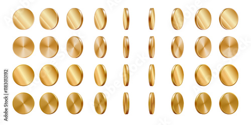 Golden coins realistic rotate set. Animation vector front, side view fly. 3d money game casino cash rain. Jackpot spin png render. Gamble slot trophy. Empty circle medal mockup. Trophy perspective