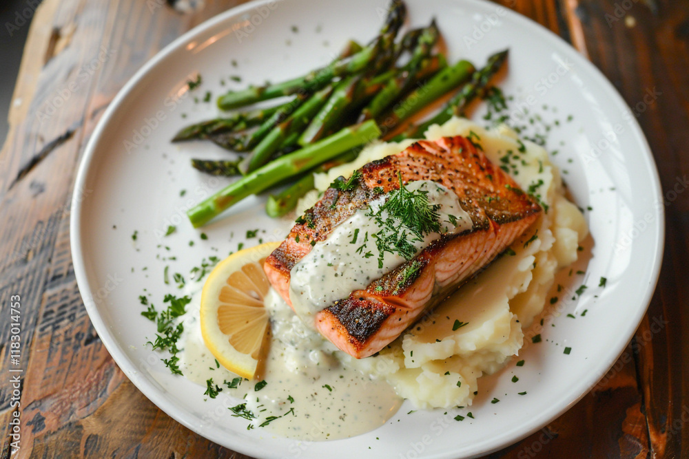 A Seared Salmon Fillet on a Bed of Creamy Mashed Potatoes A Seared Salmon Fillet on a Bed of Creamy Mashed Potatoes
