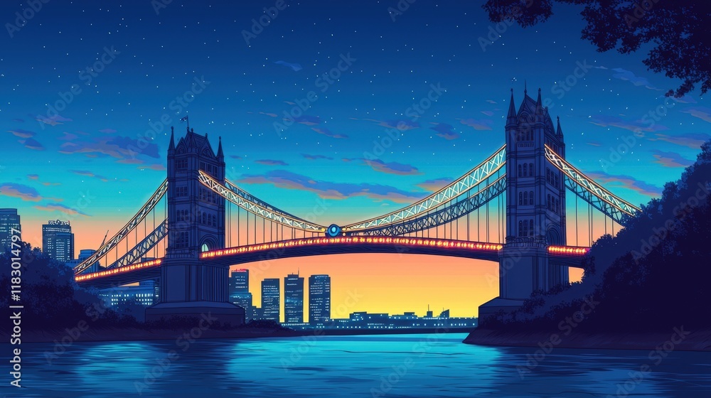 Obraz premium Monument cultural and iconic, A vibrant digital illustration of Tower Bridge at sunset, featuring a colorful sky and reflections in the water below.