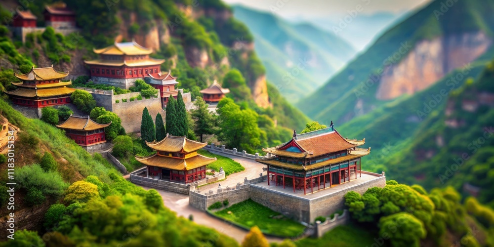 Obraz premium Aerial tilt-shift captures Wutai Mountain's breathtaking Buddhist temple complex in Shanxi, China, a miniature world of faith.