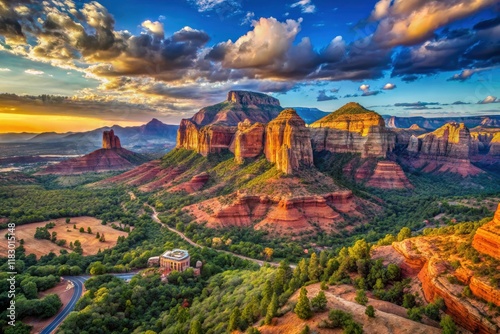 Aerial view of Sedona: Bell Rock, Courthouse Butte, and the Munds Mountain Wilderness at Yavapai Point. photo