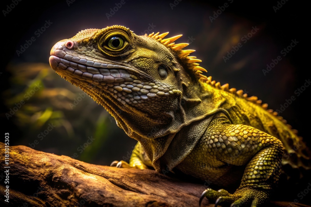 A nocturnal silhouette: Auckland Zoo's tuatara, a threatened reptile, captured in dark nature photography. A nocturnal silhouette: Auckland Zoo's tuatara, a threatened reptile, captured in dark nature photography.