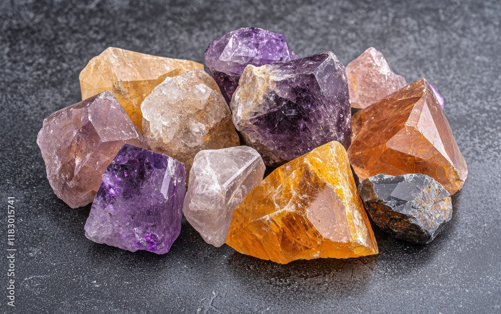 Amethyst, citrine, and quartz crystals on dark background
