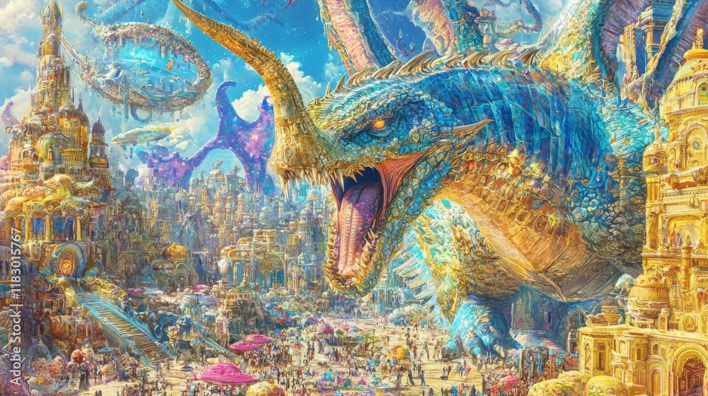 Obraz premium Enchanting Fantasy Scene with Majestic Dragon and Vibrant Cityscape in a Colorful Dreamlike World