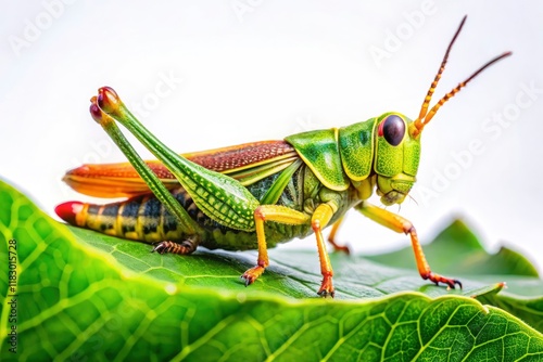 A vibrant green leaf holds a grasshopper; a stunning high-resolution macro image against a pure white background.