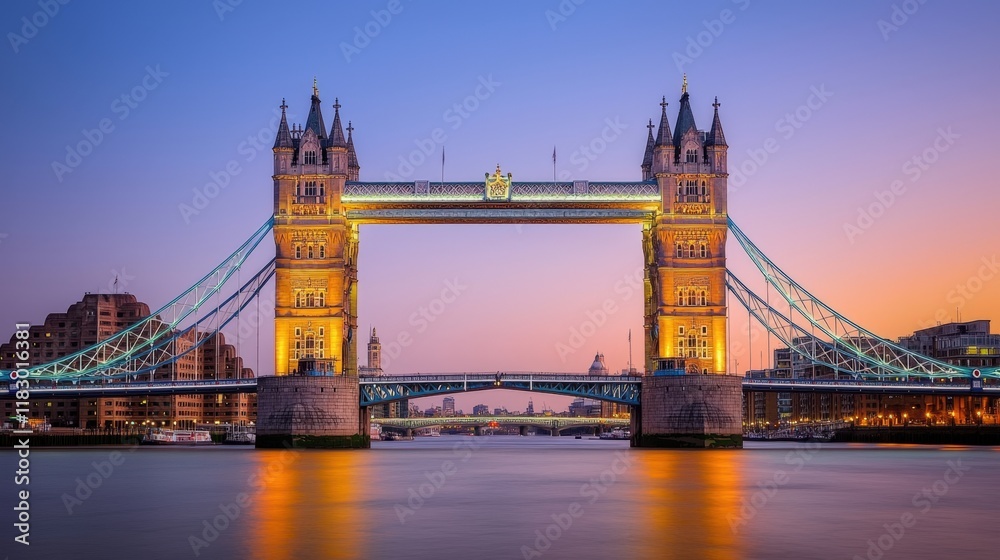 Obraz premium Monument cultural and iconic, The Tower Bridge in London glows beautifully at sunset, showcasing its iconic architecture and reflection in the water below.