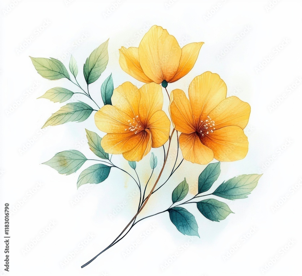 Fototapeta premium Watercolor floral arrangement yellow rose green leaves botanical illustration hand painted modern design