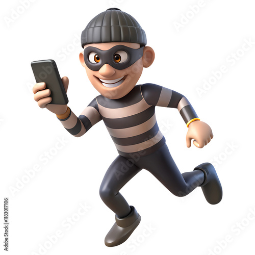 a thief running with a smartphone hands runs 3d icon in cartoon plastic style minimal isolated on transparent white background, clipping path