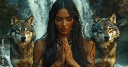 A woman with long dark hair kneels and prays with her hands together in front of a majestic waterfall, accompanied by two wolves. The scene conveys harmony with nature