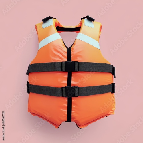 Orange life vest with adjustable straps isolated on pink background. photo