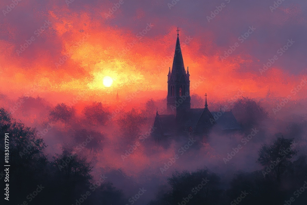 Obraz premium Church Tower in Misty Autumn Sunrise Landscape with Orange Sky and Peaceful Countryside Village