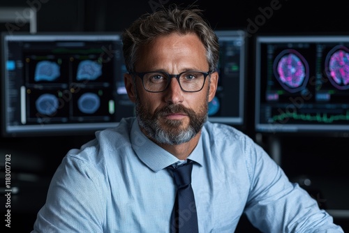 Portrait of a serious man in a blue shirt and tie, looking at the camera, with medical brain scans on computer screens in the background photo