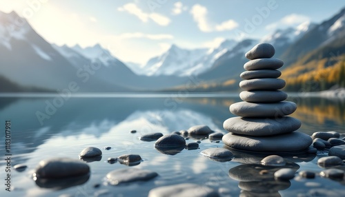 zen, stones, stacked, balanced, lake, still, water, reflection, snowcapped, mountains, range, serene, tranquil, harmony, nature, peaceful, meditative, scenic, outdoors, natural, calm, alignment