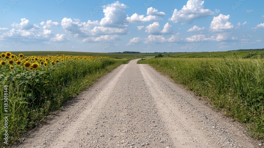 Dirt road through a sunflower field on a sunny day Dirt road through a sunflower field on a sunny day